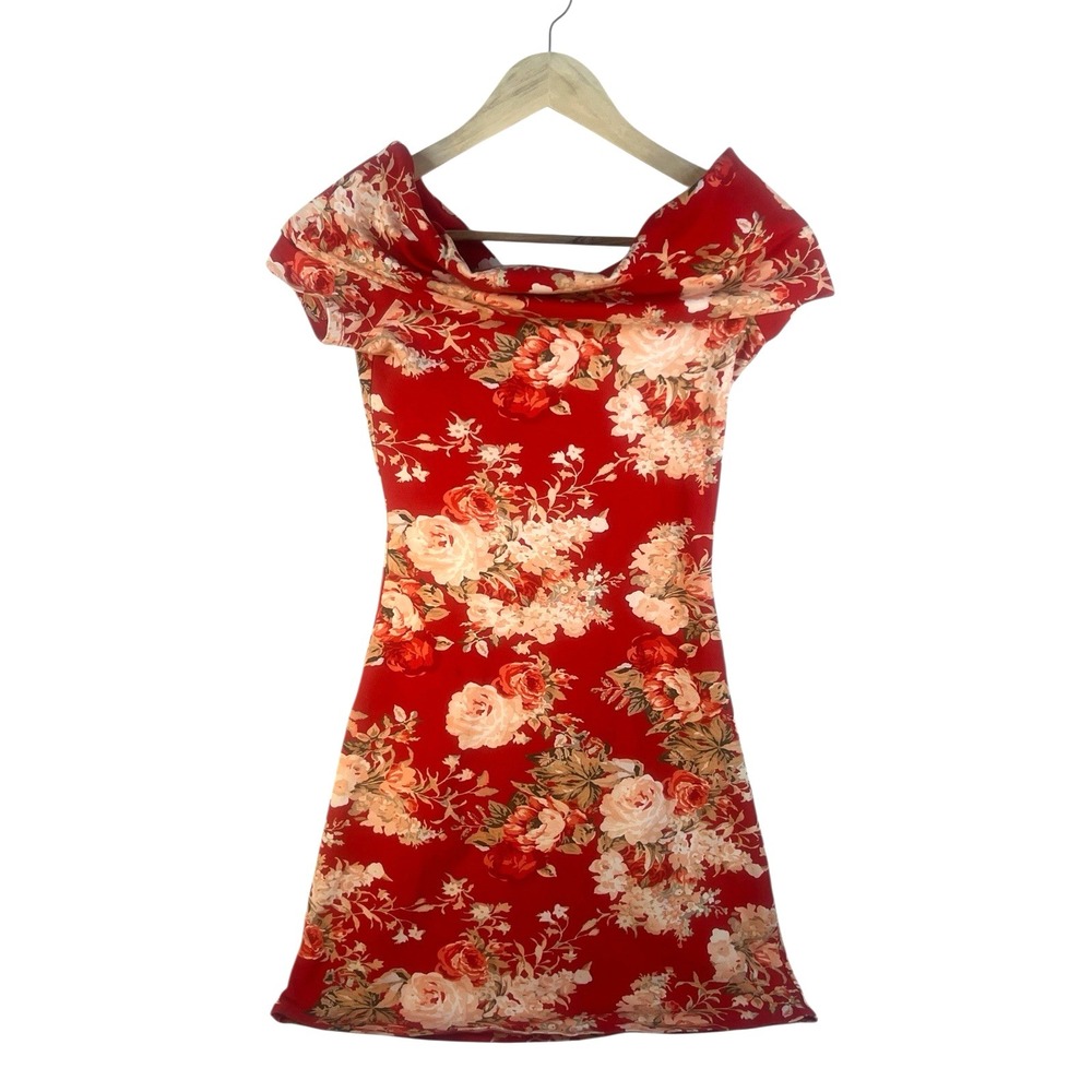 Sezane Red Floral Doriana Off Shoulder Bodycon Mini Dress XS Cottagecore - Picture 6 of 7